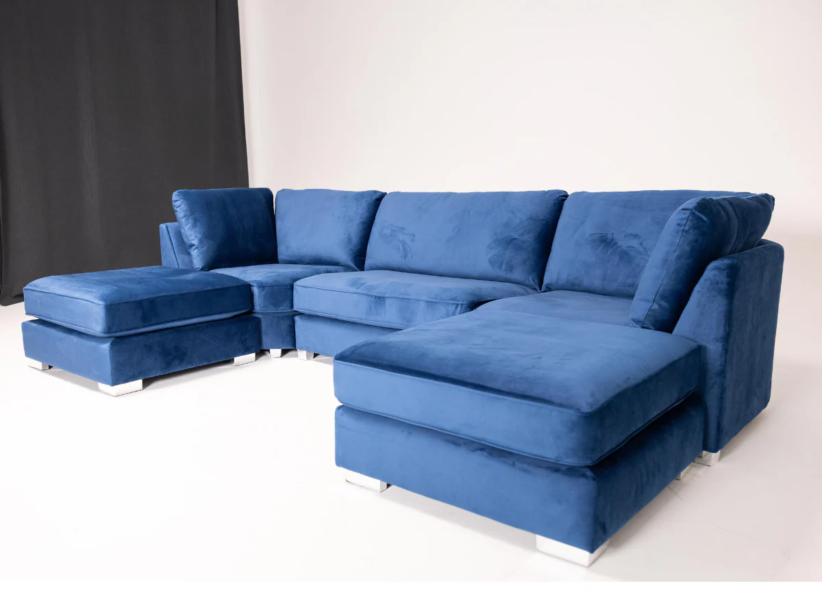 Casa U-Shaped Sofa Blue Plush Velvet - Image 3