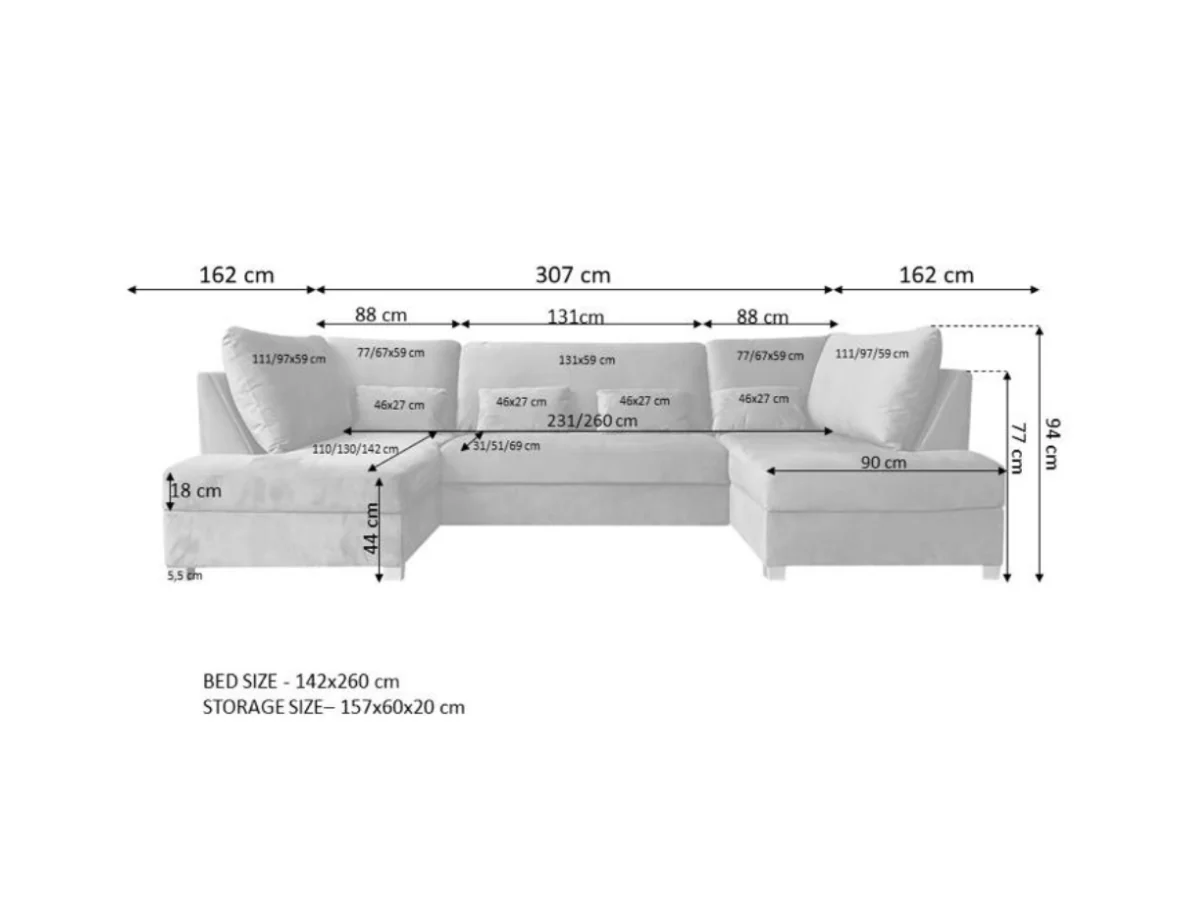 Meridian U Shape Sofa Bed with Storage Alaska Chenille - Image 17