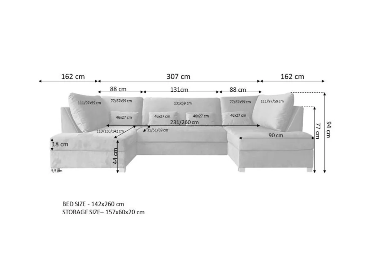 Meridian U Shaped Sofa Bed with Storage in Truffle Alaska Chenille - Image 10