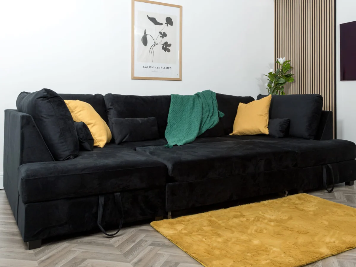 Meridian U Shape Velvet Sofa Bed with Storage - Image 10