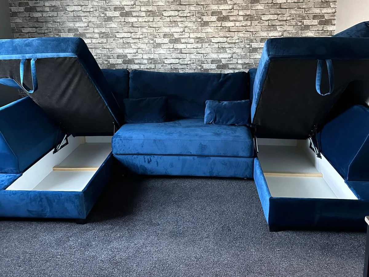 Meridian U Shape Sofa Bed with Storage Blue Plush Velvet - Image 3