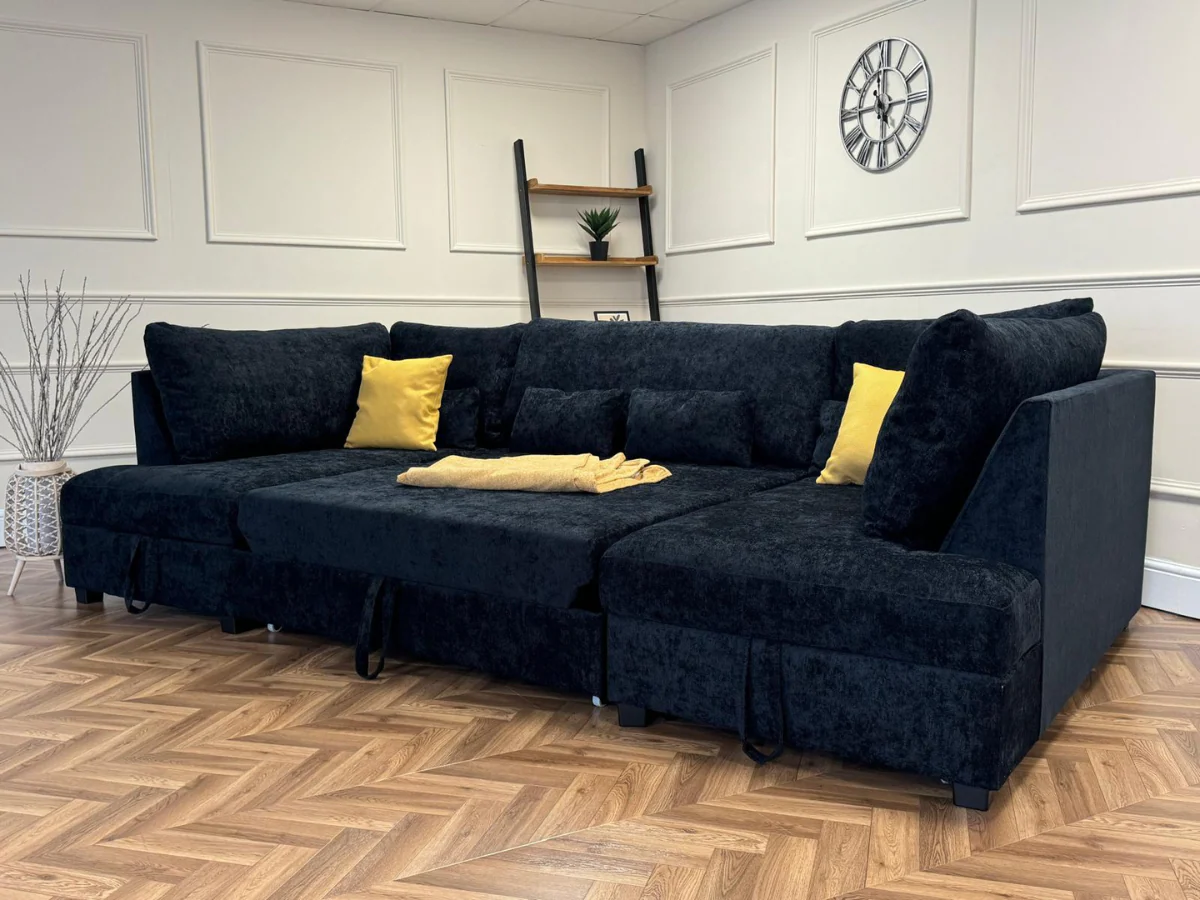 Meridian U Shape Corner Sofa Bed with Storage in Black Alaska Chenille - Image 4