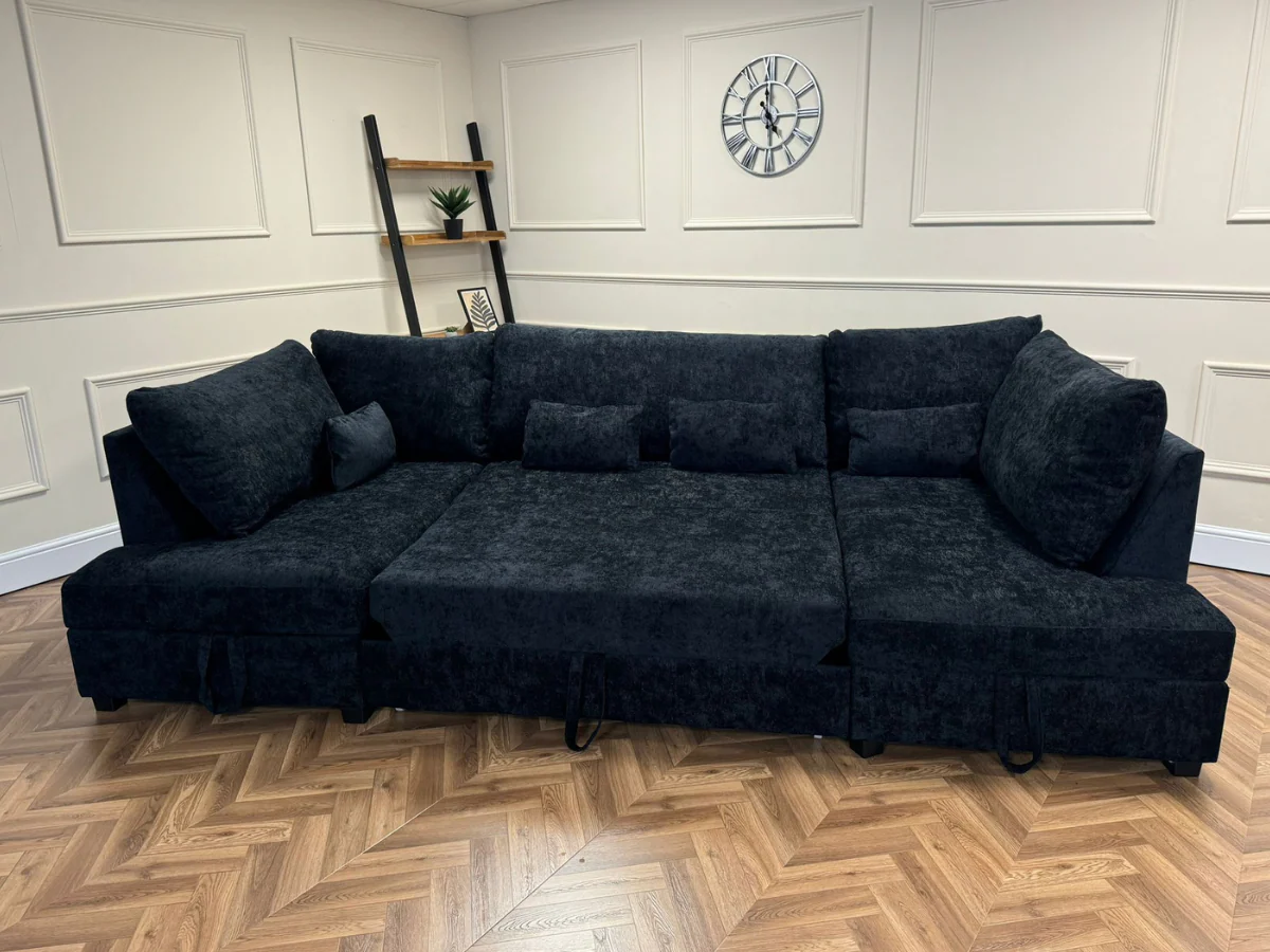 Meridian U Shape Corner Sofa Bed with Storage in Black Alaska Chenille - Image 5