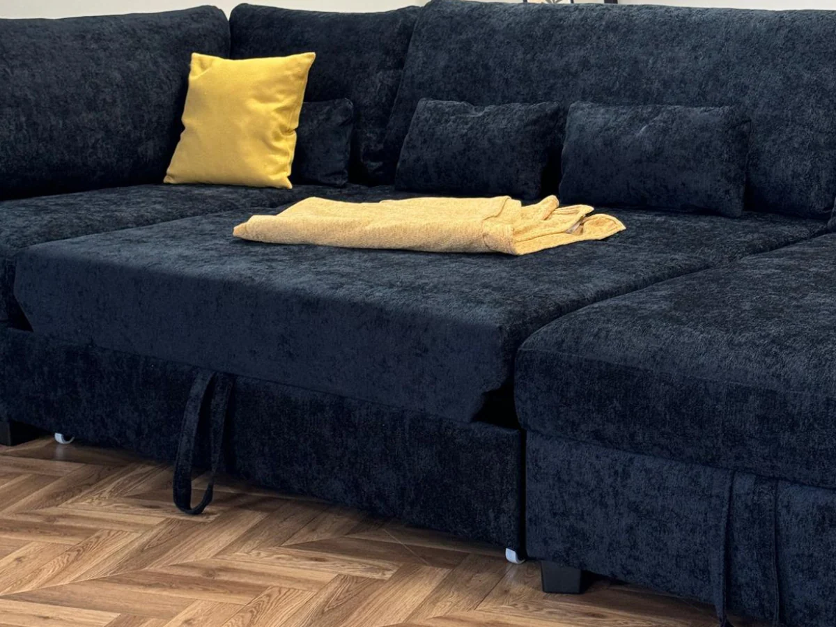 Meridian U Shape Corner Sofa Bed with Storage in Black Alaska Chenille - Image 6