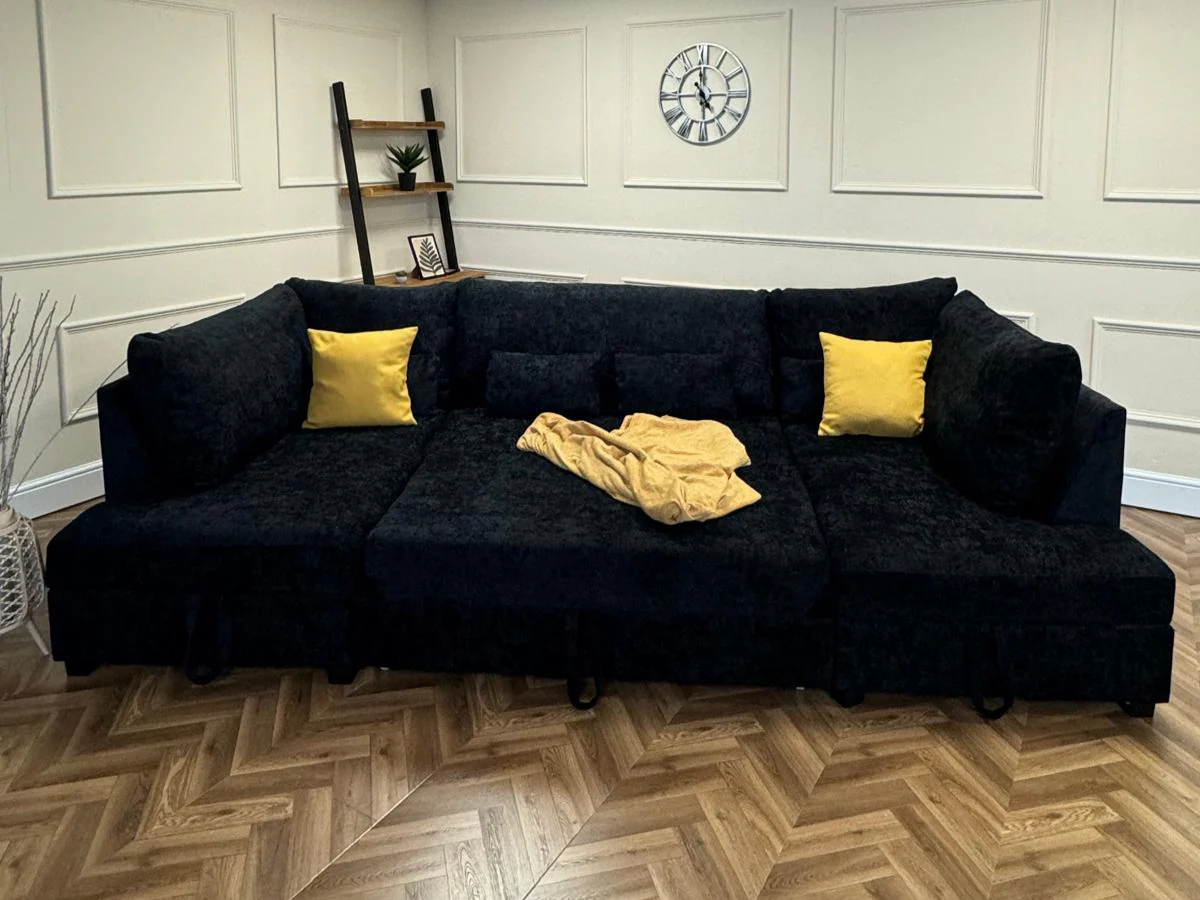 Meridian U Shape Corner Sofa Bed with Storage in Black Alaska Chenille - Image 7