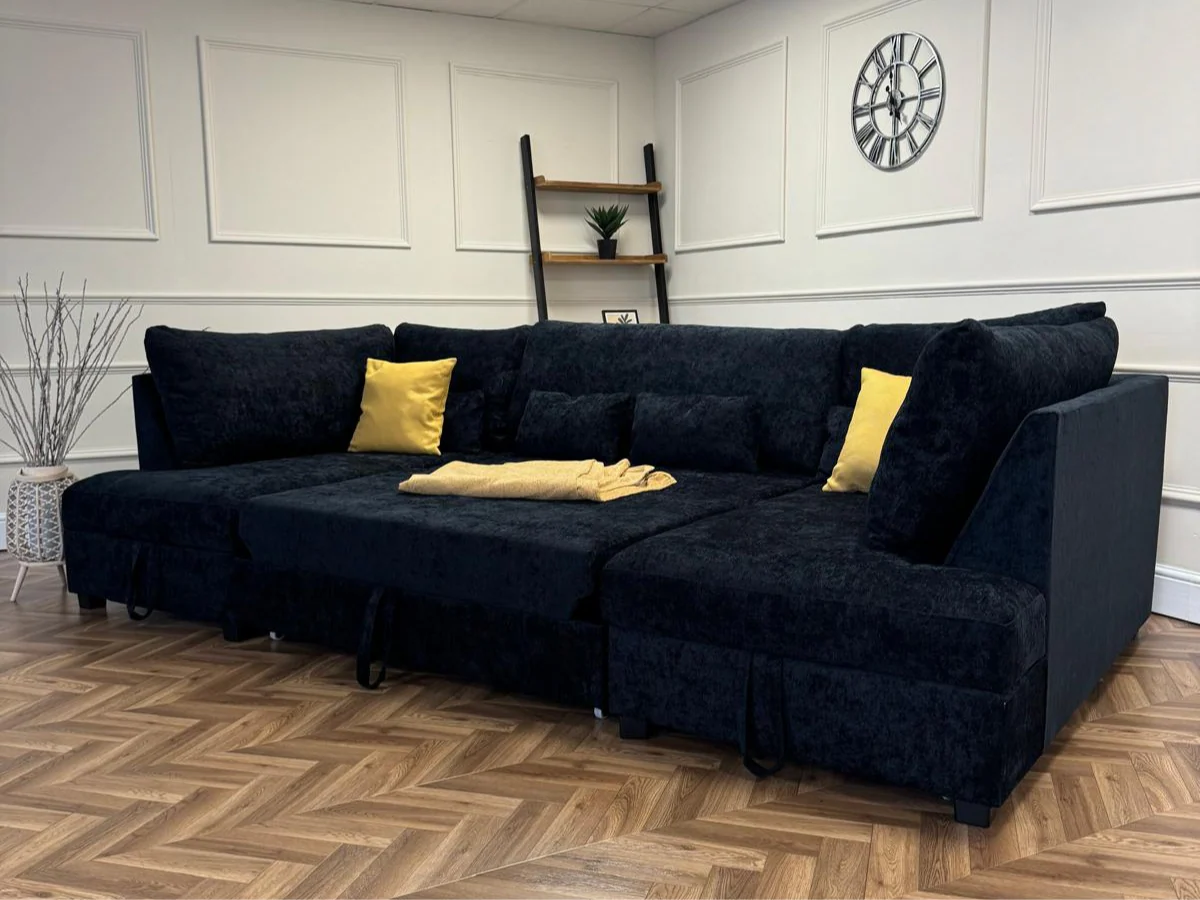 Meridian U Shape Corner Sofa Bed with Storage in Black Alaska Chenille - Image 8