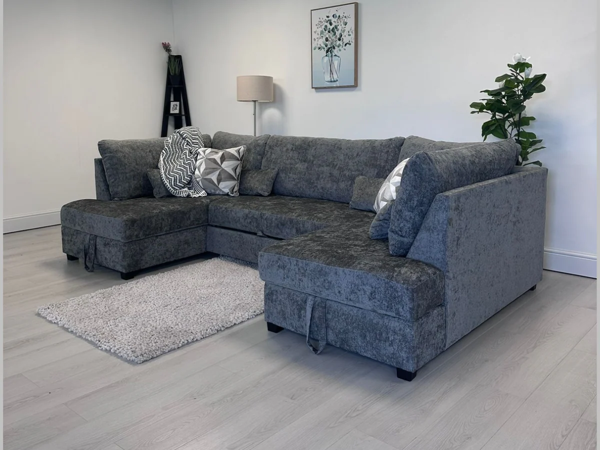 Meridian U Shape Sofa Bed with Storage Alaska Chenille Platinum Grey - Image 3