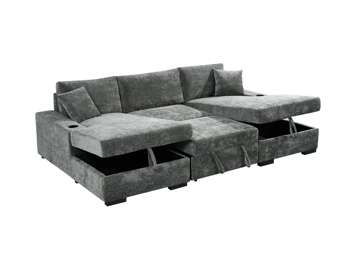 Noma U Shape Sofa Bed with Storage Grey Chenille - Image 3