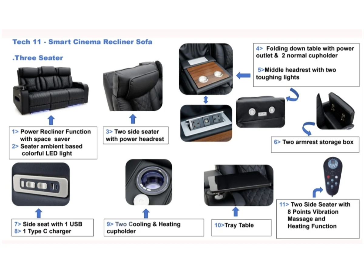 Tech 11 Smart 3+2+1 Electric Recliner Sofa Set Black Aire Leather - Image 22