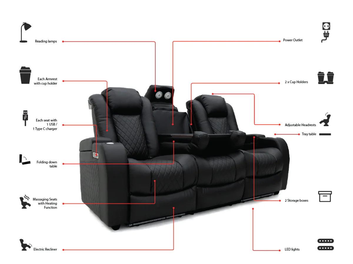 Tech 8 Smart 3+2+1 Electric Recliner Sofa Set Black Aire Leather - Image 16
