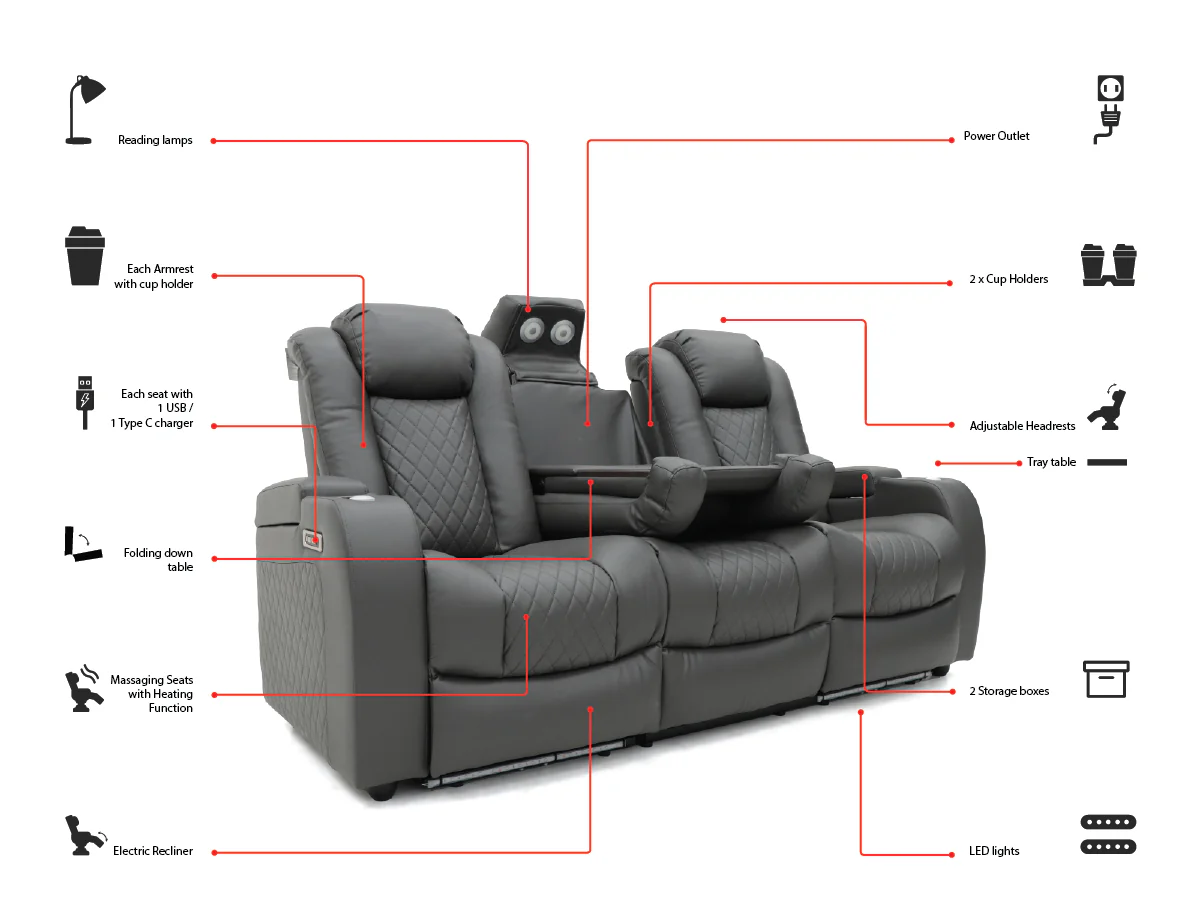 Tech 8 Smart 3 Seater Electric Recliner Sofa Grey Aire Leather - Image 8