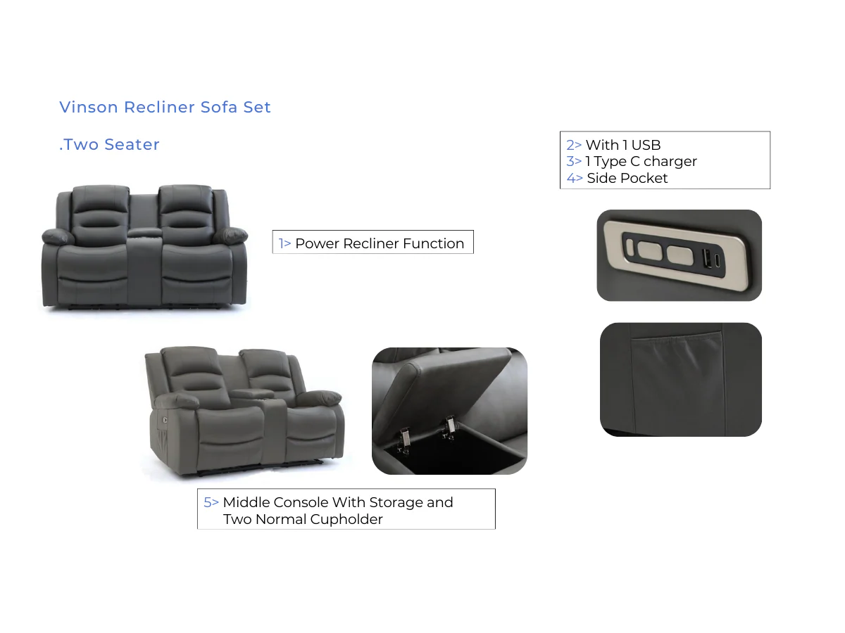 Vinson 2 Seater Electric Recliner Sofa Black Aire Leather - Image 7