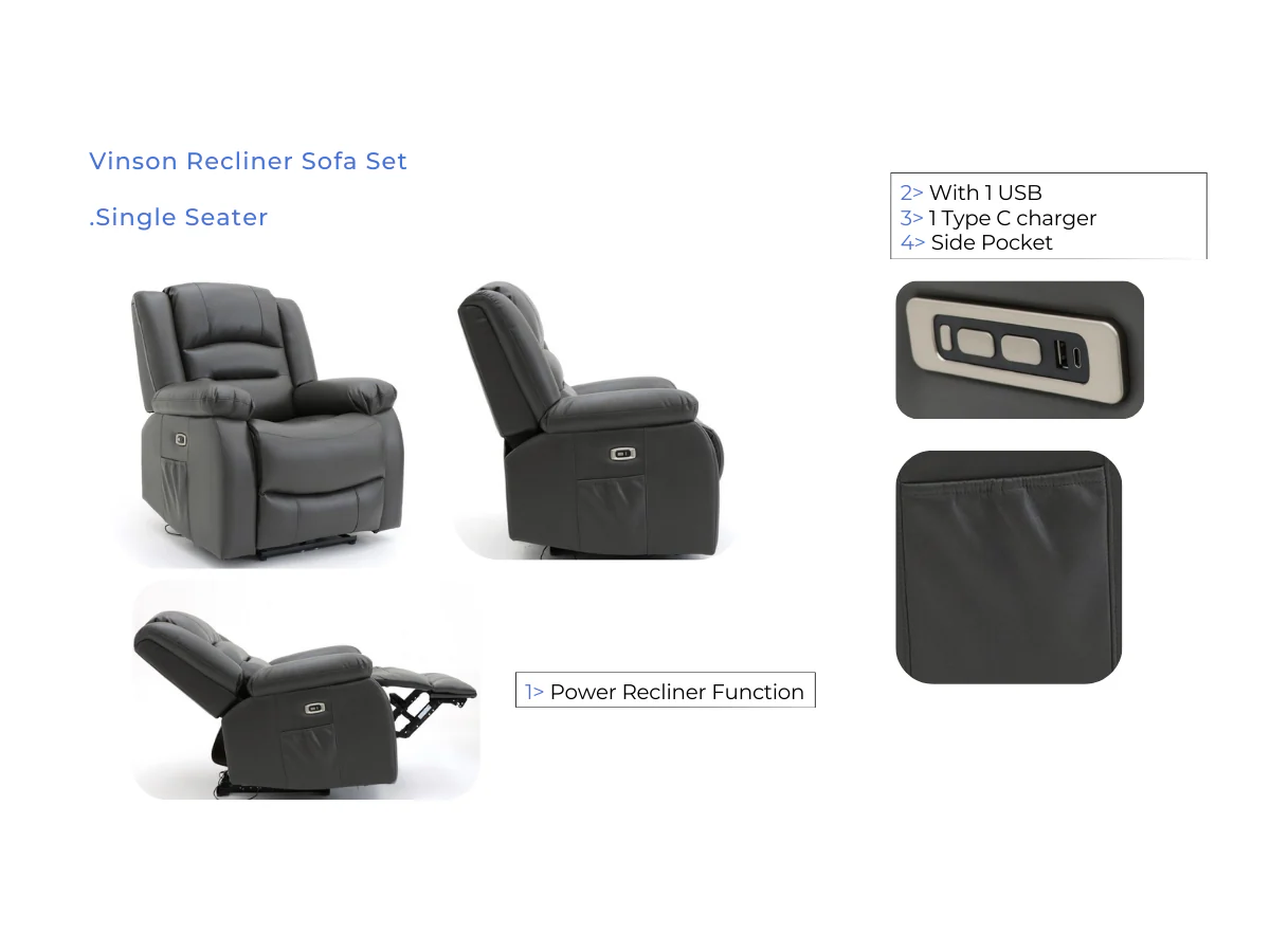 Vinson 3+2+1 Electric Recliner Sofa Set Black Aire Leather - Image 10
