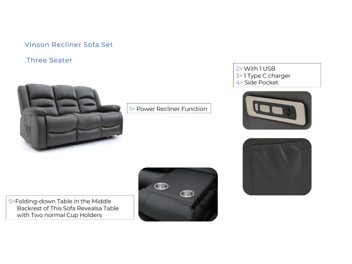 Vinson 3+2+1 Electric Recliner Sofa Set Black Aire Leather - Image 12